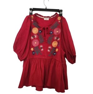 Red Embroidered Peasant Blouse